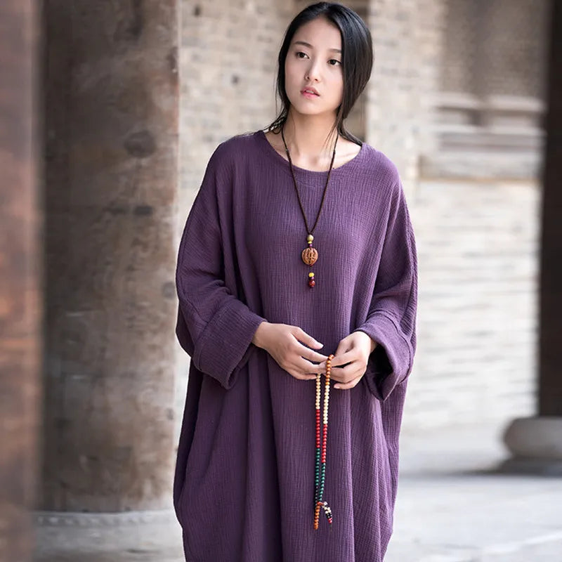 Linen dress big size Batwing Cotton Women Long Dress