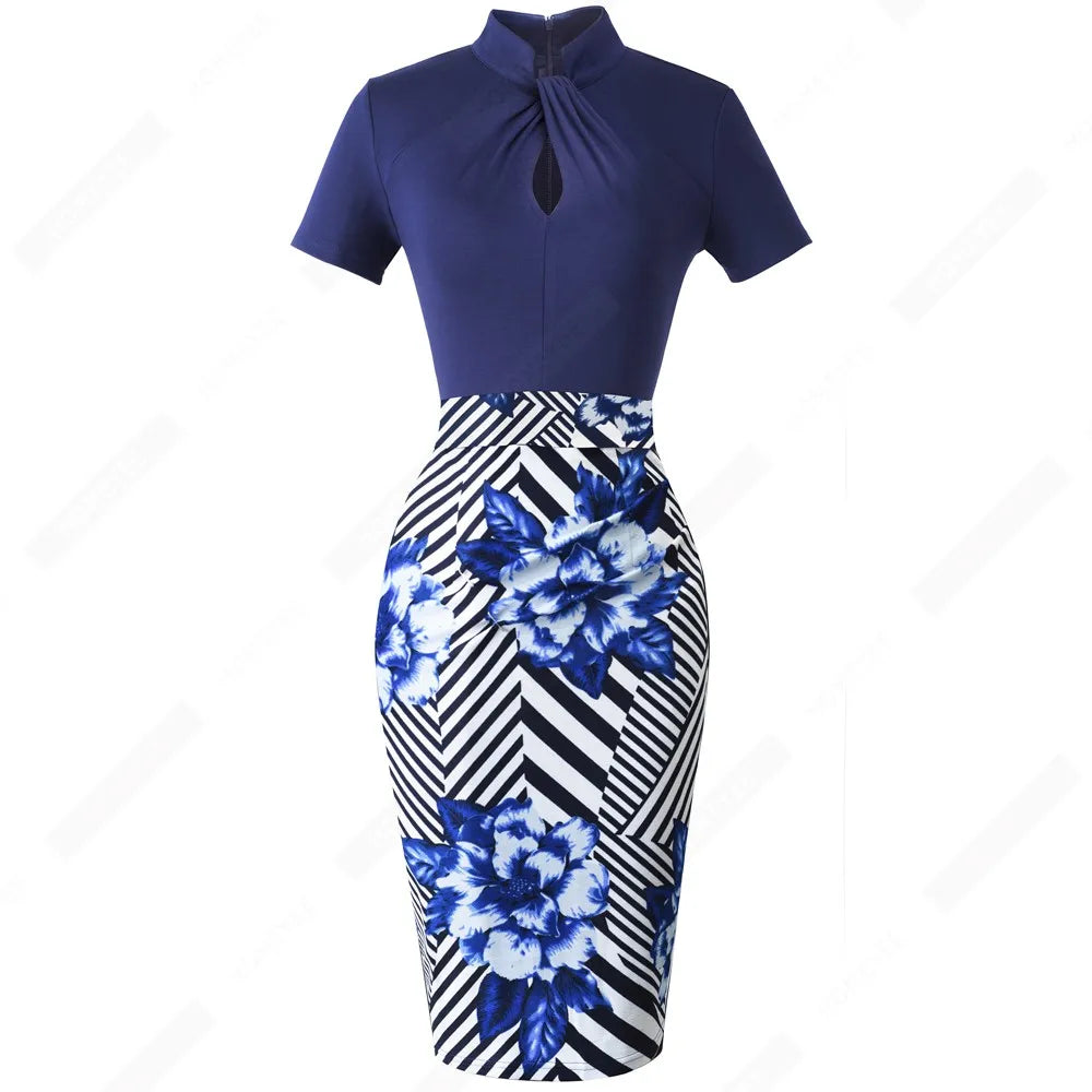 Office Business Drapped Contrasting Bodycon Slim Lady Women Sexy Front Key Hole Summer Pencil Dress EB430