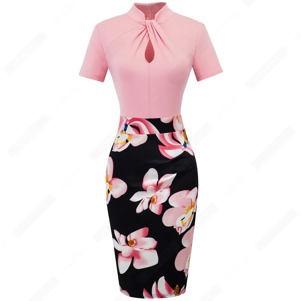 Office Business Drapped Contrasting Bodycon Slim Lady Women Sexy Front Key Hole Summer Pencil Dress EB430