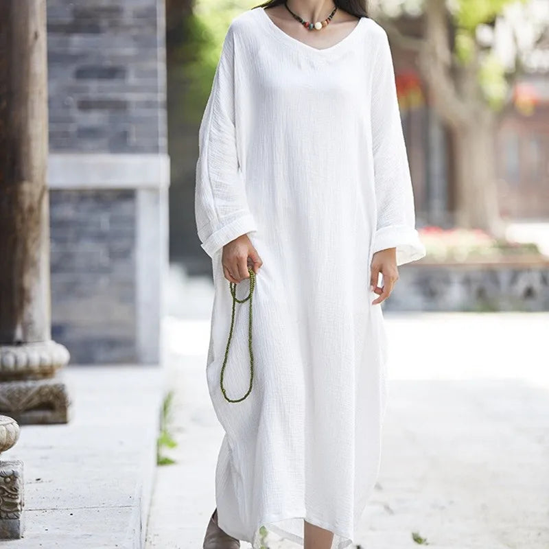 Linen dress big size Batwing Cotton Women Long Dress