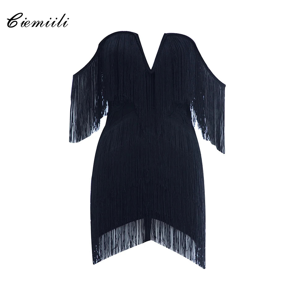 CIEMIILI New Women Fashion Tassel Bandage Dress Sexy V Neck