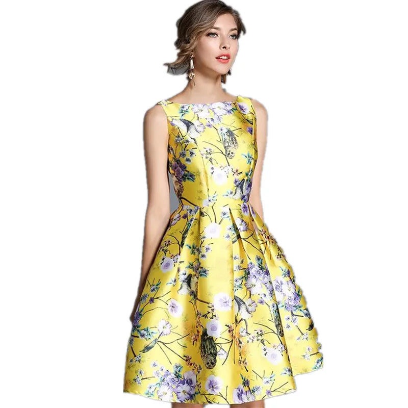 Runway Woman Yellow Tropical floral  Vintage Dress