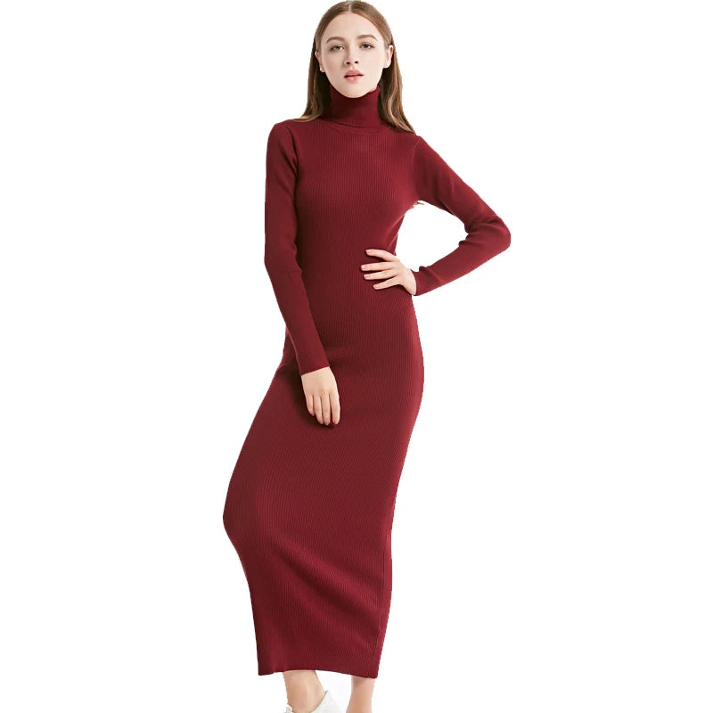 Sexy Party Dress Knit Style Long Sleeve Turtleneck Winter Maxi Dress Slim