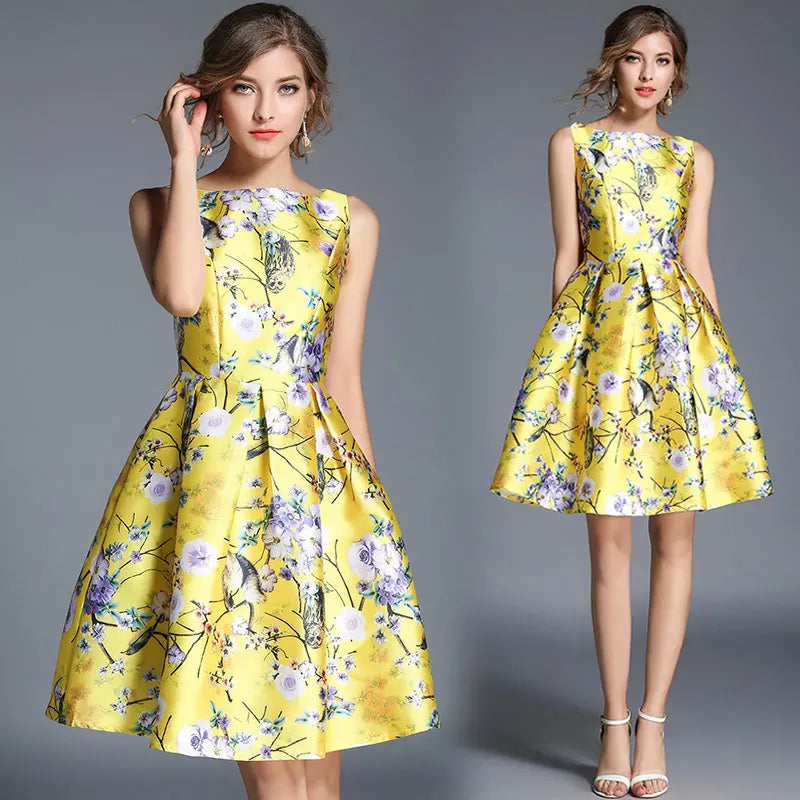 Runway Woman Yellow Tropical floral  Vintage Dress