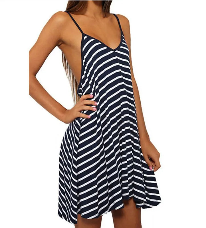 tilapia fashion sexy women backless mini beach dress black white striped spaghetti strap moda praia sexy femmes vestidos