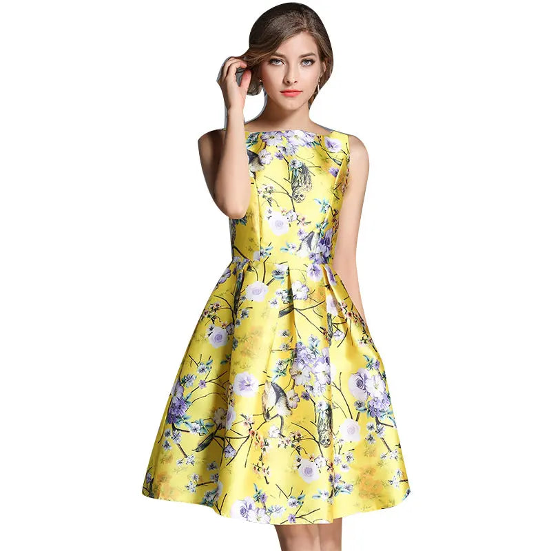 Runway Woman Yellow Tropical floral  Vintage Dress