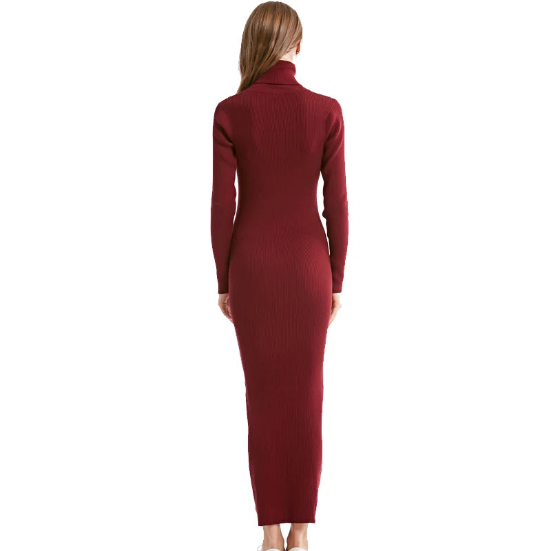 Sexy Party Dress Knit Style Long Sleeve Turtleneck Winter Maxi Dress Slim