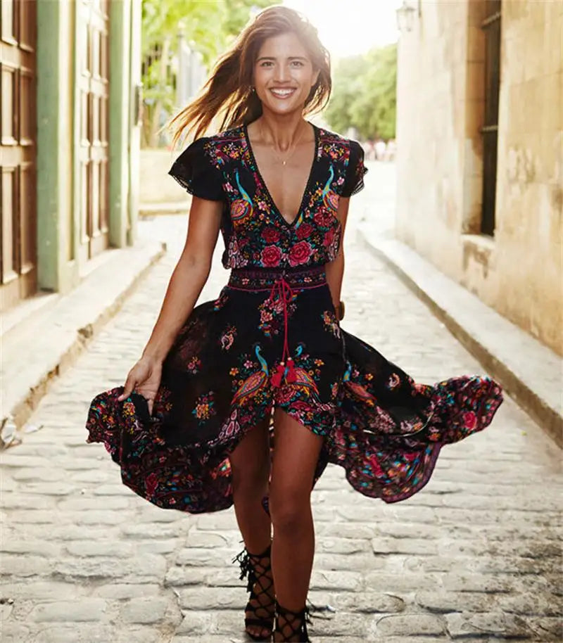 Hot Fashion Summer Dress Sexy Womens Floral Print Dress Beach