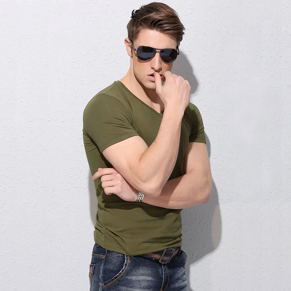 Summer Slim Fit Cotton V Collar T Shirt