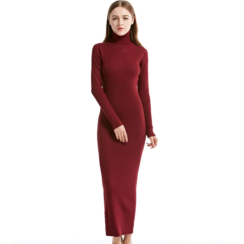 Sexy Party Dress Knit Style Long Sleeve Turtleneck Winter Maxi Dress Slim