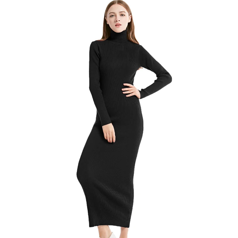 Sexy Party Dress Knit Style Long Sleeve Turtleneck Winter Maxi Dress Slim