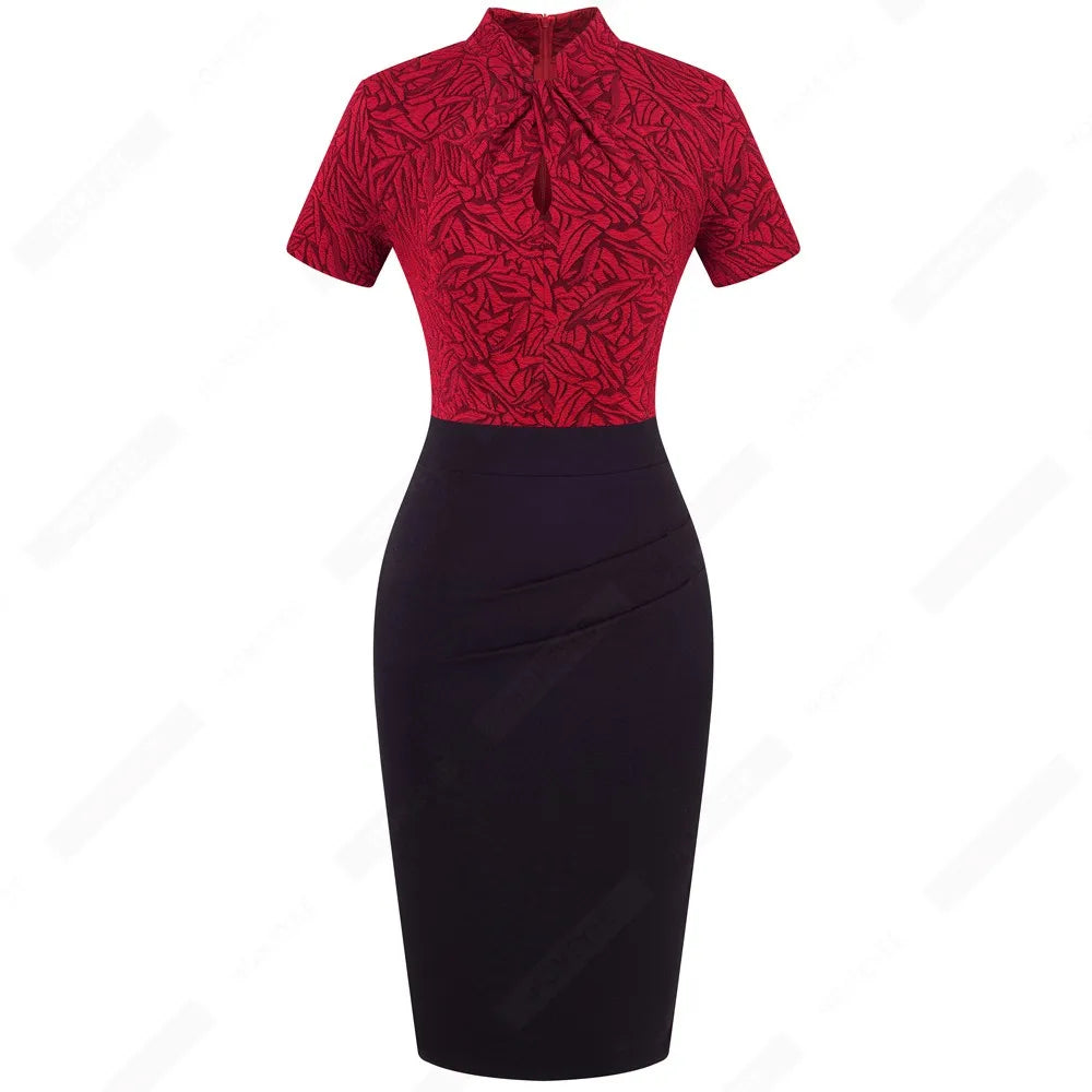 Office Business Drapped Contrasting Bodycon Slim Lady Women Sexy Front Key Hole Summer Pencil Dress EB430