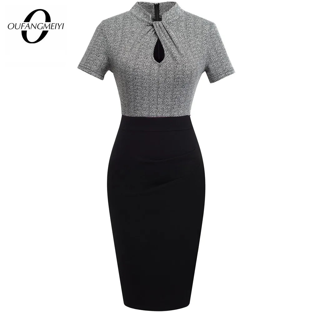 Office Business Drapped Contrasting Bodycon Slim Lady Women Sexy Front Key Hole Summer Pencil Dress EB430