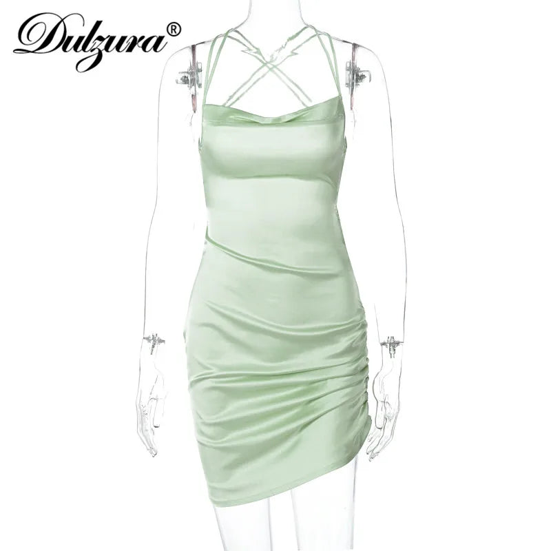 Women Strap Mini Dress Ruched Lace Up Cross Bandage