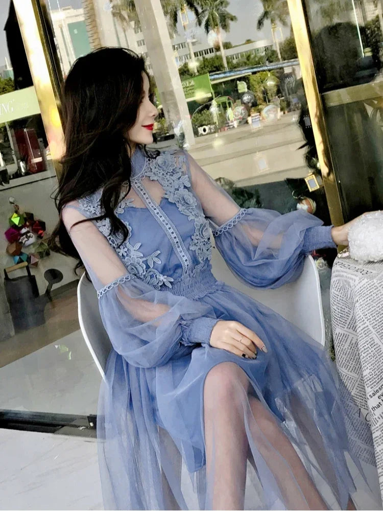 Women Party Lace Flower Dress Gauze Lantern Sleeve Voile