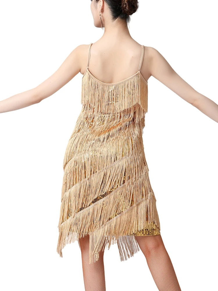 Women 1920s Vintage Great Gatsby Party Sequin Dress Sexy V-Neck Summer Cami Dress Gold Fringe Dress Vestidos Flapper Costumes