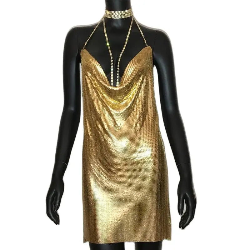 AKYZO Sexy Gold Sequined Patchwork Mini Dress Women