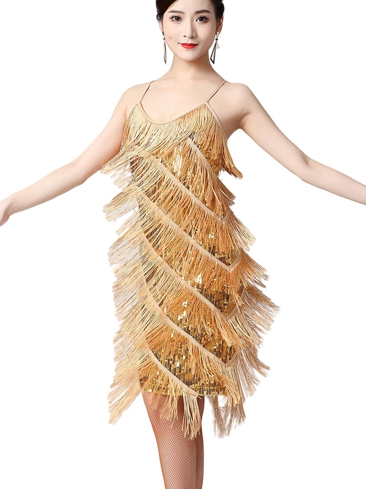 Women 1920s Vintage Great Gatsby Party Sequin Dress Sexy V-Neck Summer Cami Dress Gold Fringe Dress Vestidos Flapper Costumes