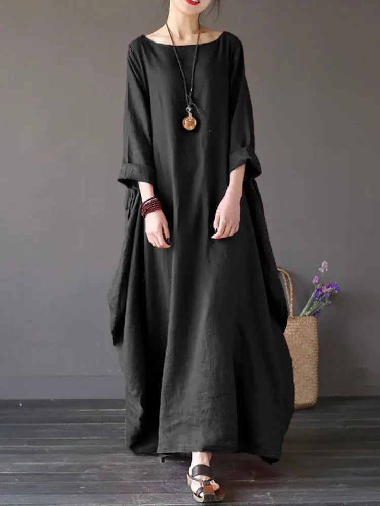 Womens Crewneck 3/4 Sleeve Baggy Maxi Long Shirt Dress