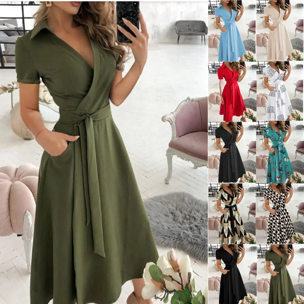 spring and summer fashion long-sleeved V-neck print bag buttock dress women's dress