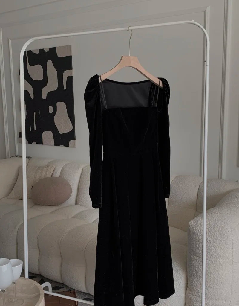 French Black Velvet Spaghetti Strap Midi Dresses