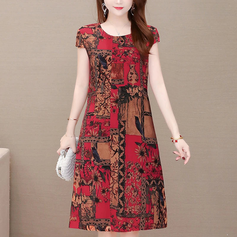 New Hot 2023 Casual Vintage Summer Dress For Women Print Flowers Short Sleeve O-neck Printing Elegant Dresses Women Clothing