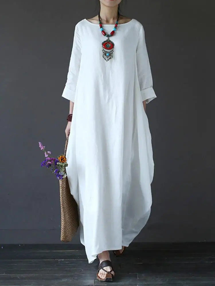 Womens Crewneck 3/4 Sleeve Baggy Maxi Long Shirt Dress